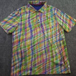 Bugatchi Polo Medium Multicolor Plaid Madras Short Sleeve Golf 100% Cotton